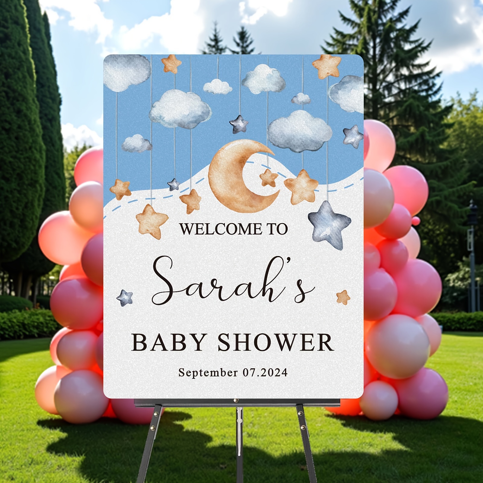 

Customizable Kids' Party Sign - Moon & Blue Sky Design With Sparkling Silvery Finish, Perfect For Birthdays, Weddings, Bridal - Welcome To The Event Banner