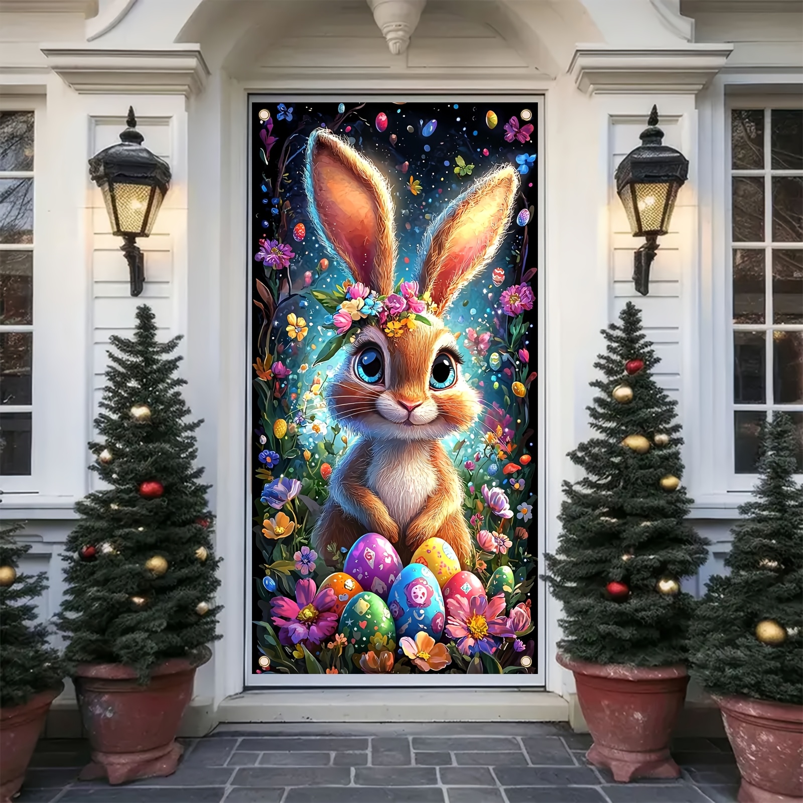 

2d Door Banner, 1pc Easter Bunny Door Cover Banner, Vinyl Multipurpose Room/garden Decor, No Electricity Needed, Spring Holiday Party Background With And Flowers Design