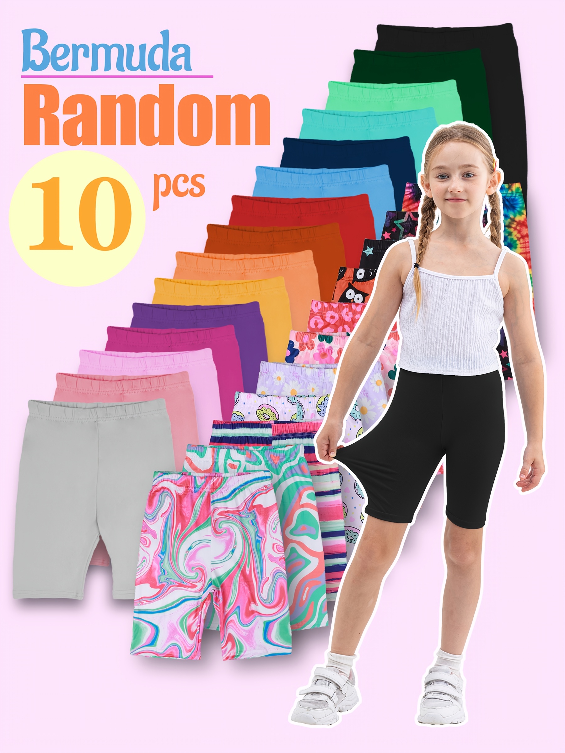 10 pc random solid waist knee length shorts for girls ultra soft high stretch spring summer casual all match shorts print solid mixed pc wardrobe essential comfortable shorts for vacation   gift for girls ages 4 11