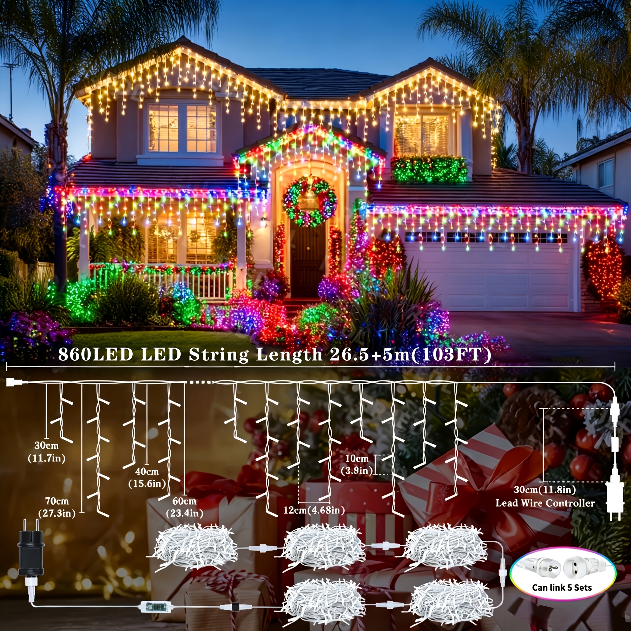 Image of Upgraded Extra Long Plug-in Icicle Lights Outdoor 103feet 26.5x5 Meters 860led Outdoor Christmas Fairy Lights 8 Timer Remote Control Flash Lights For Christmas Roof Party Wedding (colorful)
