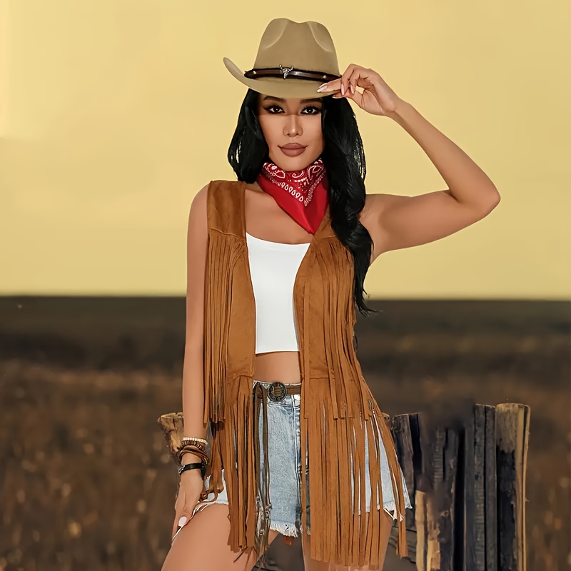 Women's Western Cowgirl 5pcs Costume Set with Fringe Vest, Cowboy Hat  Belt Scarf Brown Options for Themed Parties, Rodeo Ev