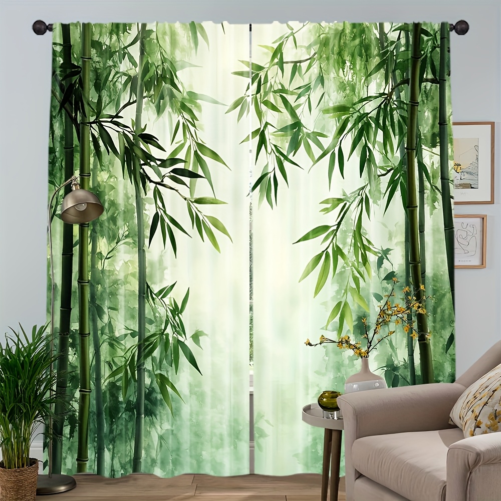 TEMU 2pcs Bamboo Print Curtains - 100% Polyester, Rod Pocket Top, Light Filtering, Machine Washable, Office, Study, Living Room, Drapes, Living Room
