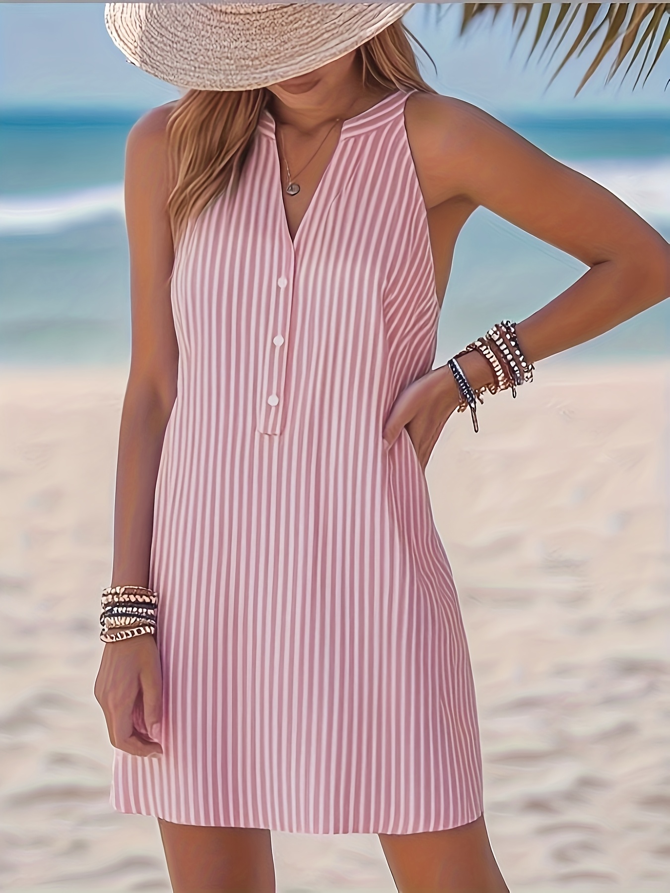 Vestido sin Mangas de Rayas Horizontales y Blanco 