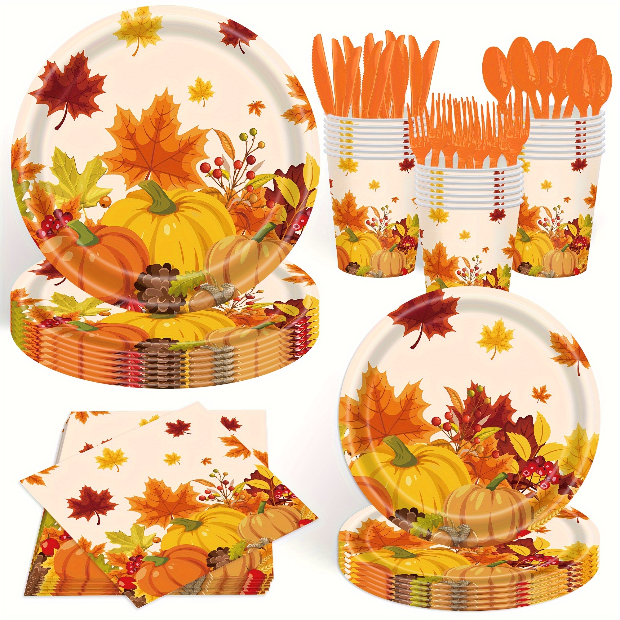 TEMU 140pcs, Thanksgiving Decorations Tableware Set, Fall Maple Leaf Pumpkin Themed Party Supplies Plates And Napkins, Autumn Party Decor,