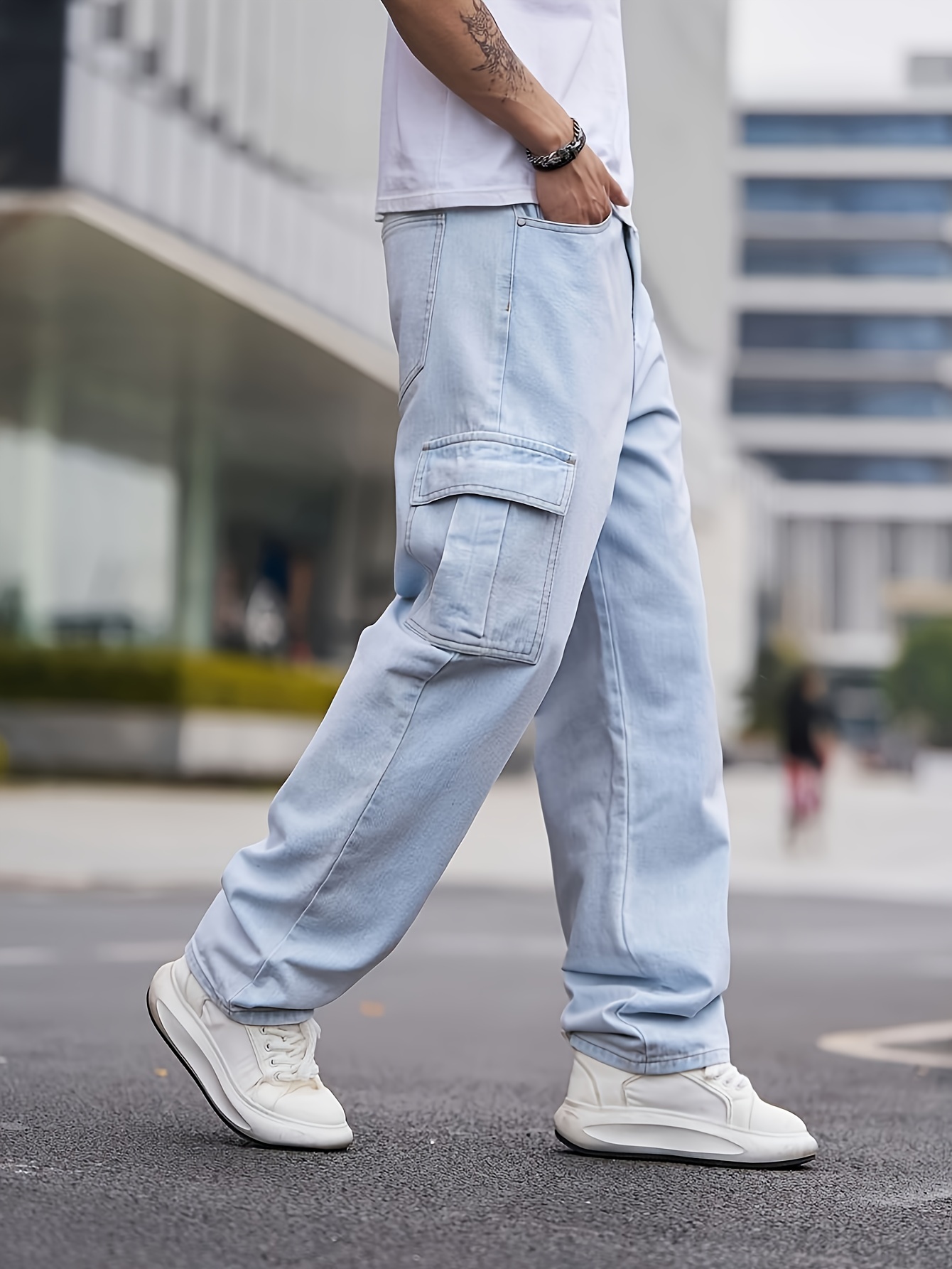 mens casual loose fit denim jeans multiple pockets black non