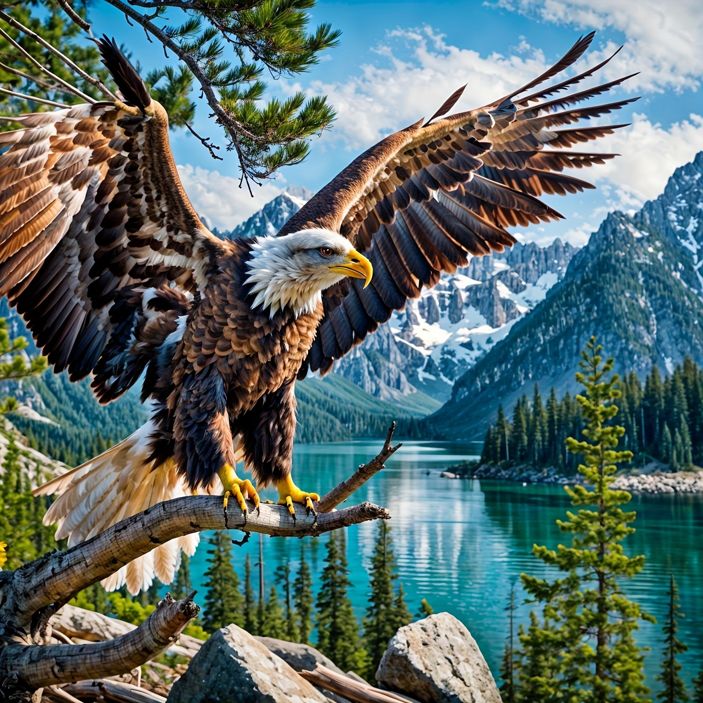 Image of 5d Diamond Painting Kit Suitable For - 40x40cm/15.75x15.75inch Bald Eagle With On Tree Branch, Round Diamonds, Mountain Wall Decor, Gift For, Craft Project (no Revision Request)