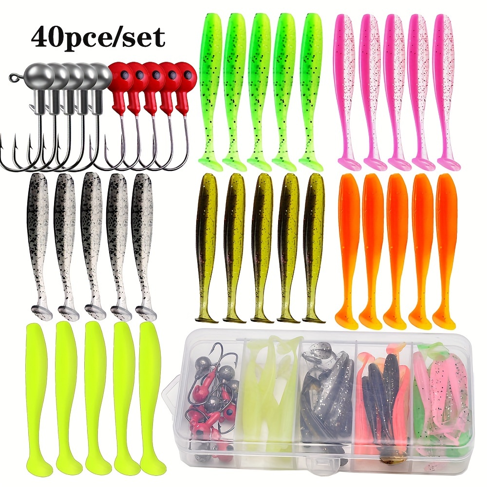 

40pcs/set Paddle Tail Soft Lure And Jig Hook Set, Bionic Swimbait For Bass Perch, Fishing Accessories