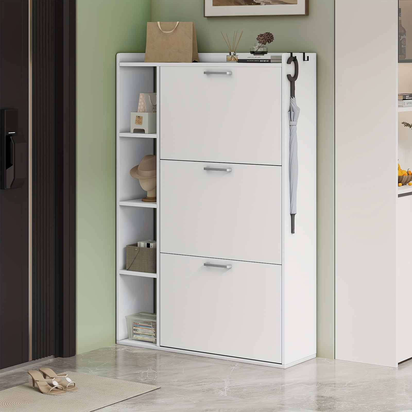 Image of Sturdy Wooden Shoe Cabinet With 3 Doors & Anti-tipper System - Narrow Shoe Rack Organizer For Entryway, Hallway, Living Room - White/black