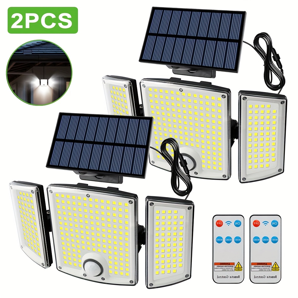 TEMU 2pcs Solar Motion Sensor Wall Lights With Remote, 278led Solar Safety Floodlight With 3 Lighting , 3-head Split Solar Light, 180° Wide Angle
