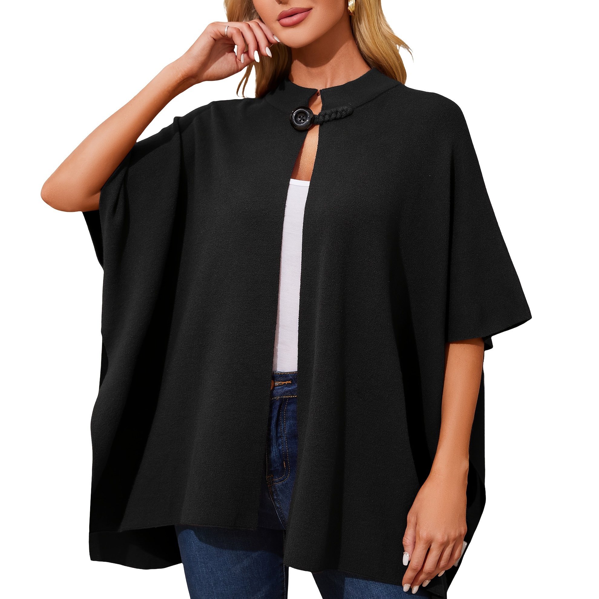 TEMU Women's Elegant Shawl Wraps Open Front Poncho Sweater Soft Button Capes