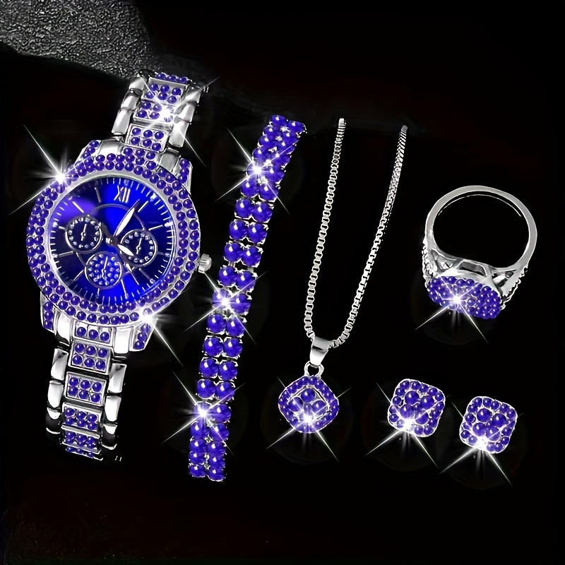 TEMU 5pcs Set Luxury Women Watch Set, Fashion Blue Dial Quartz Watch Bracelet Necklace Ring And Earrings Set Perfect Brithday Holiday Gift