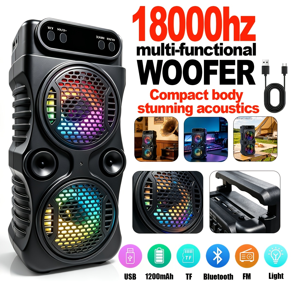 TEMU Wireless Speaker, Wireless Dual Speakers, Multifunctional , Stereo System, Portable Subwoofer, Outdoor Speaker, Led Lights, Tf Card, Usb