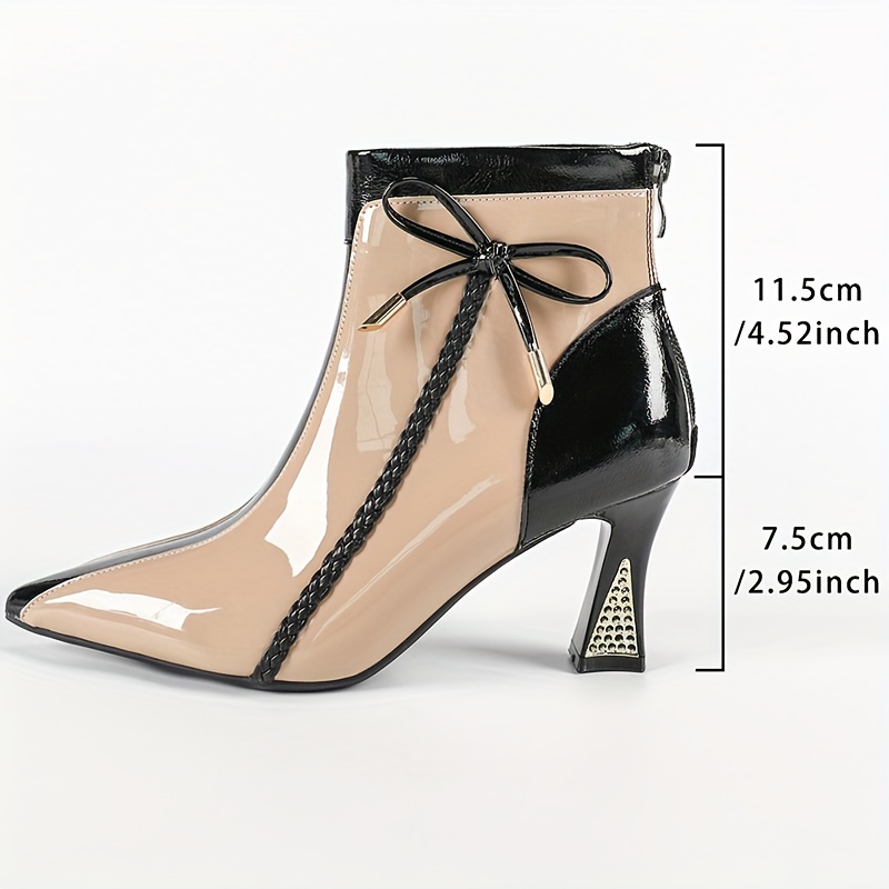 Women's Stylish Color-Block Heeled Ankle Boots | Pointed-Toe Block Heel, Irregular Heel with Bow Accent, Back Zip Retro Vibe | Perfect for Daily & Party Wear.