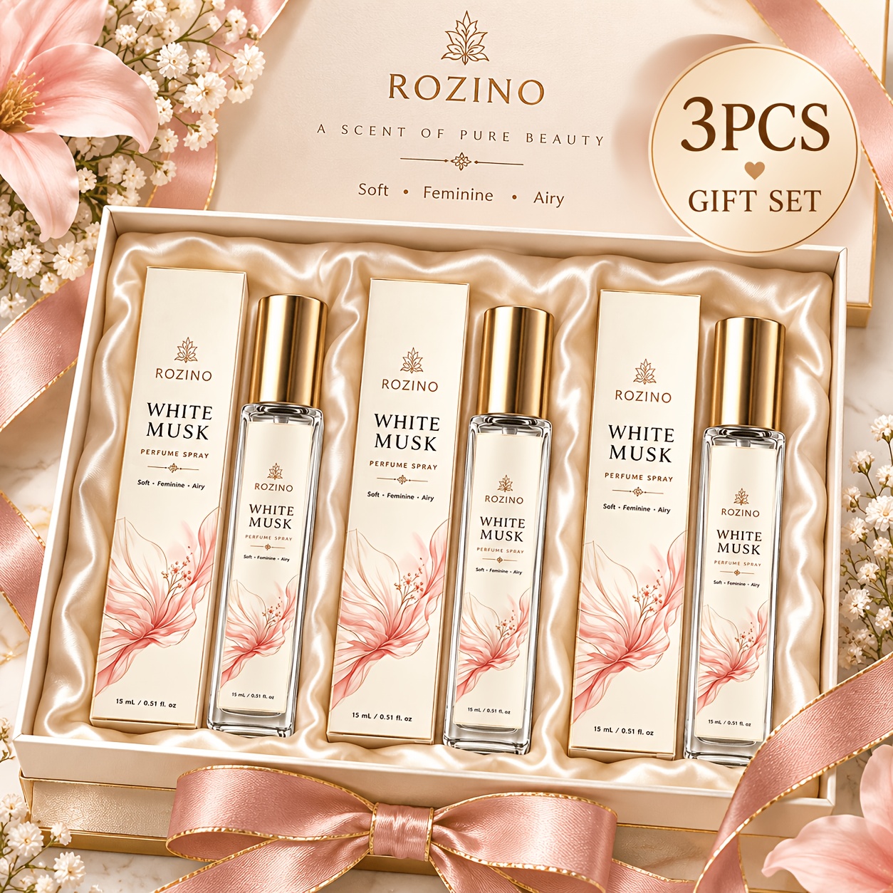 3pcs White Musk Scent Gift Set for Women, Floral Fragrance Spray Collection, Elegant Sweet Fresh Aroma, Portable Body Scent Set, Long-Lasting Scented Spray, Luxury Gift Box Set for Birthday Christmas Holiday
