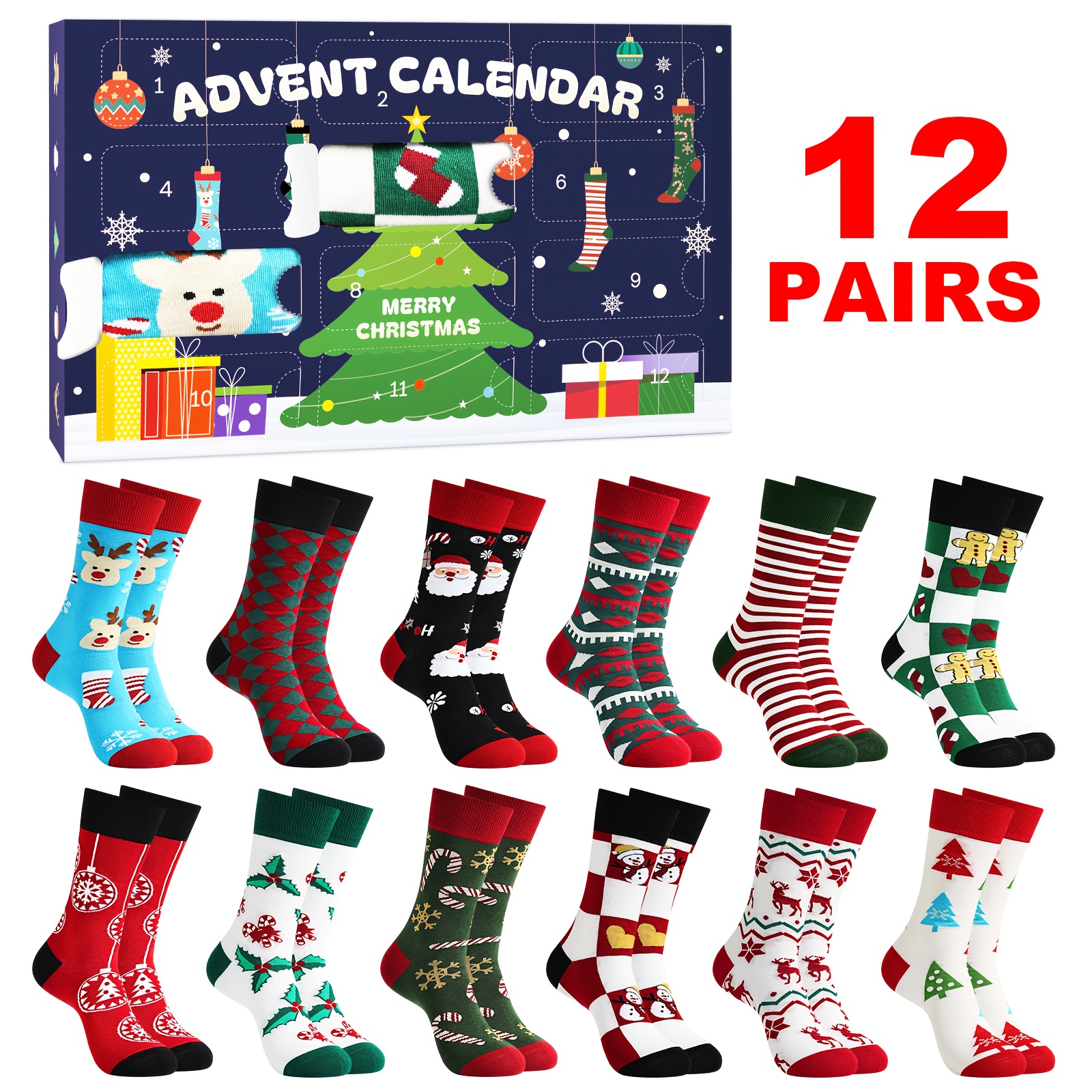 12 Paar Socken-Adventskalender lustige Socken Adventskalender Weihnachtsgeschenke 12 Tage Weihnachten Adventskalender Weihnachtskalender 2025 Urlaubsadventskalender Weihnachtssocken für Teenager