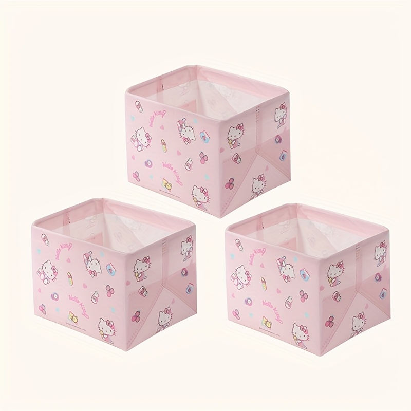 TEMU 3pcs Foldable Storage Boxes - Durable Waterproof Material, Cute Cartoon Characters, Hello Kitty, Melody, Kuromi, Cinnamoroll - Ideal For Desk