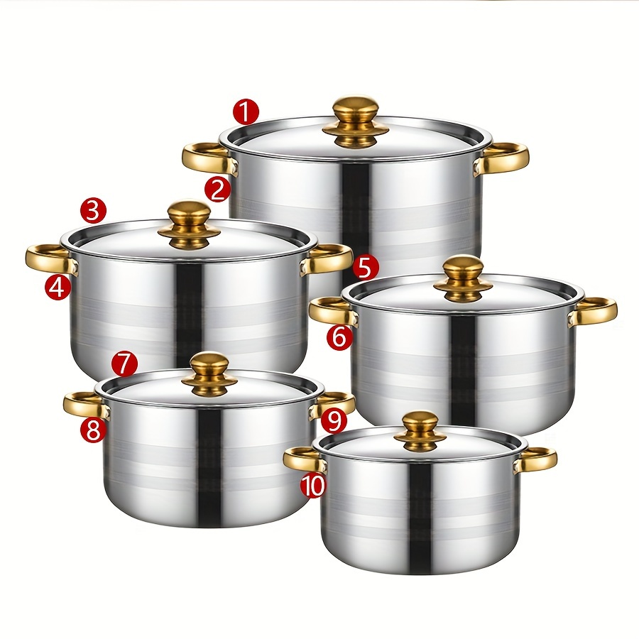 TEMU 10-piece Stainless Steel Saucepan Set With - Induction Ready, Dishwasher Safe, Double Handle Pots For Soup, Stew, Pasta, And Seafood - Multipurpose Cookware For Home, Dorm, And Camping