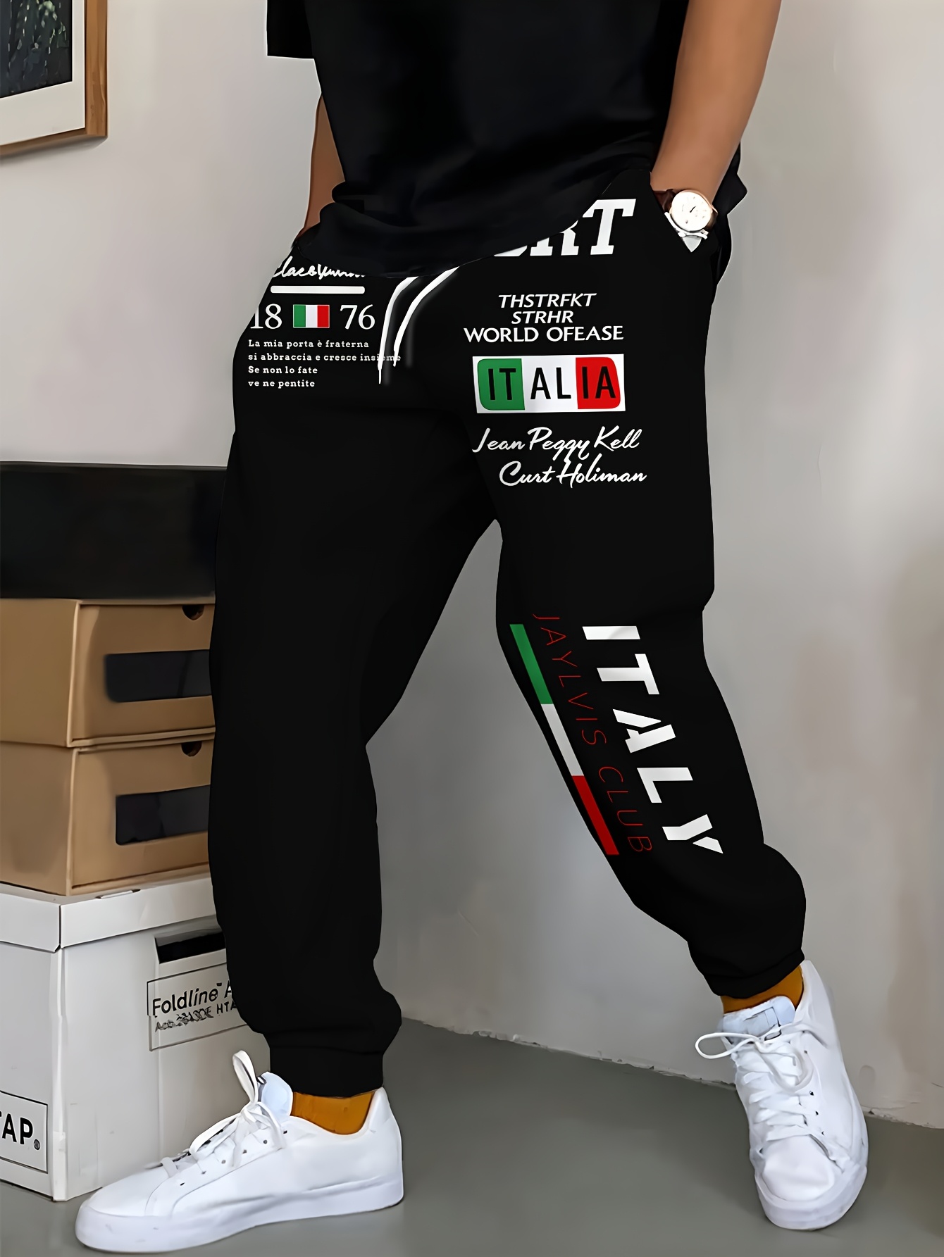 Men's Joggers Pants - Black with Italy Flag Colors, Regular Fit Casual Athletic Sweatpants for Gym, Hiking, Casual Attire - Machine Washable, Outdoor Activities, Bold Print Design, Breathable Material, Lounge Wear, Fitness Enthusiasts