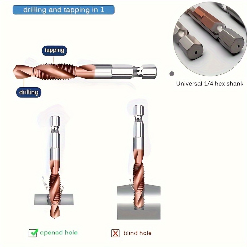 6 piece cobalt drill tap set with countersink deburr metric sizes to m10 1 4 hex shank for precision cutting details 5