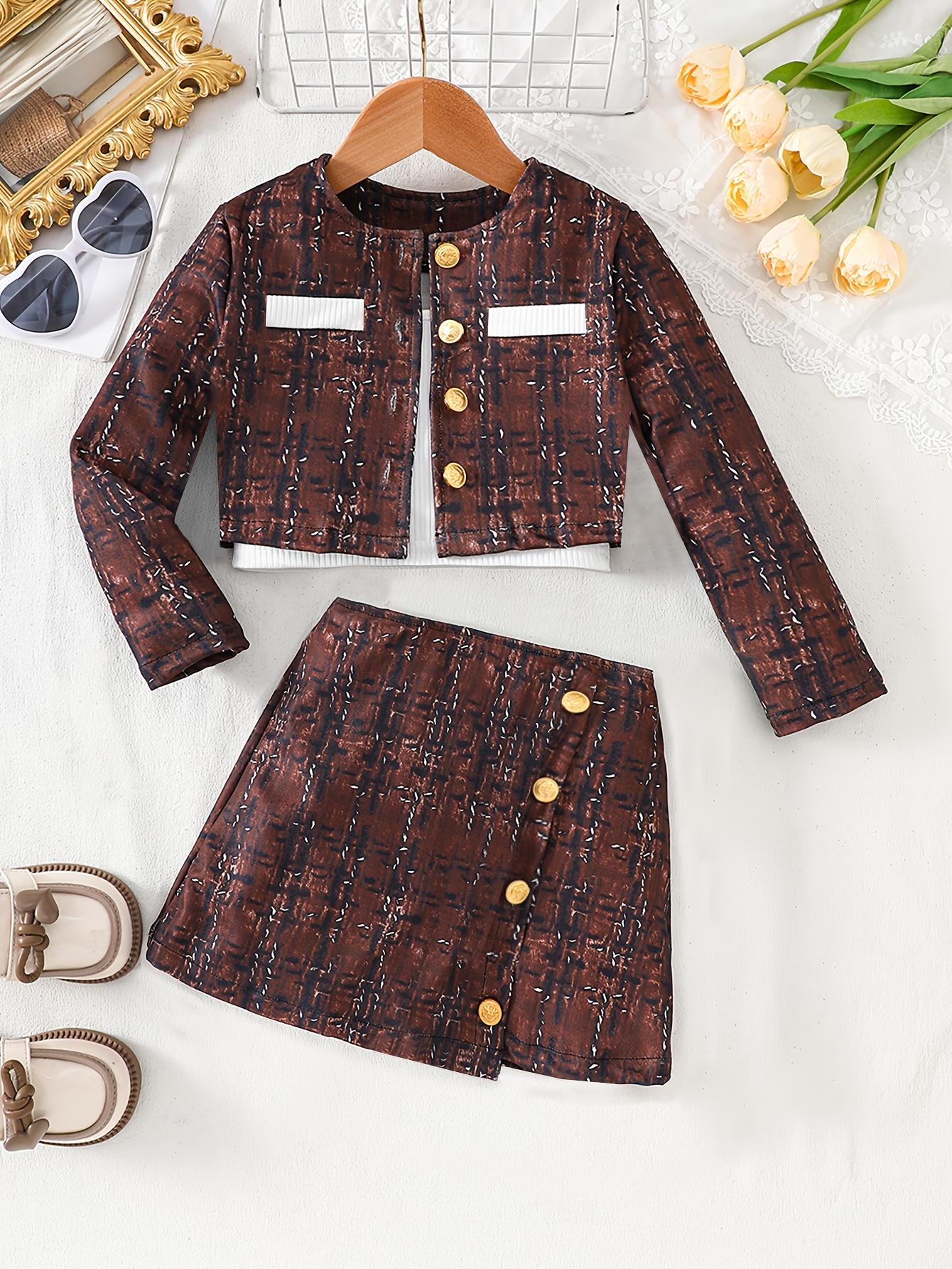 3pcs girls spring autumn set lightweight knit button up long sleeve jacket stretchy camisole   skirt for girls aged 3 8 suitable for outdoor wear Product details 5