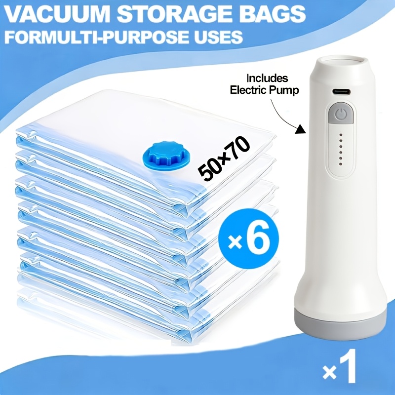 6 Vacuum Storage Bags (50x70cm) with 1 Rechargeable Electric Pump, Space Saving Compression Bags for Clothes and Bedding