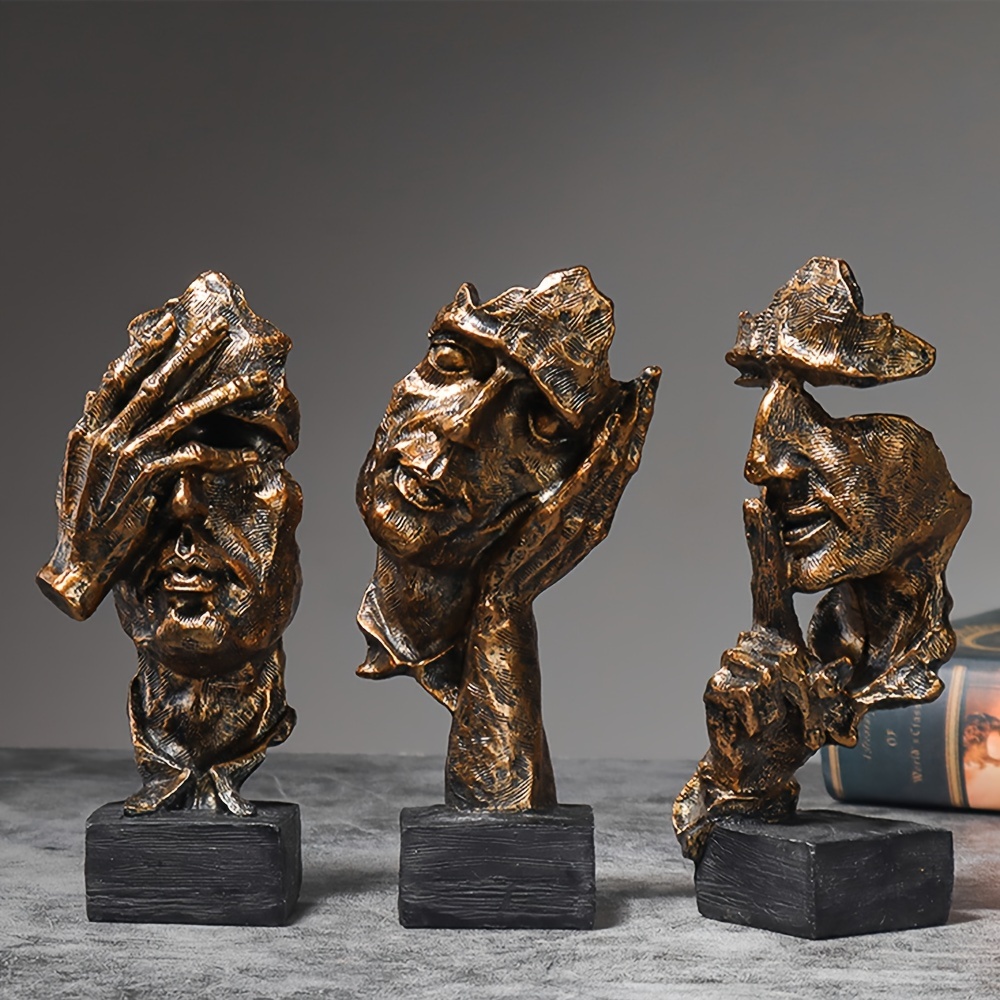 TEMU Face Character Is Golden Abstract Statue Home Decor Resin Artwork 3pcs