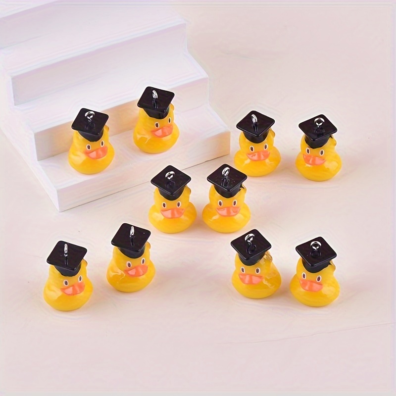 Image of 10pcs 3d Cartoon Graduation Duck Resin Charms With Black Caps - Yellow & Orange Pendants For Earrings, Necklaces, - Graduation Gift Accessories, Design, Detailed , Glossy Finish