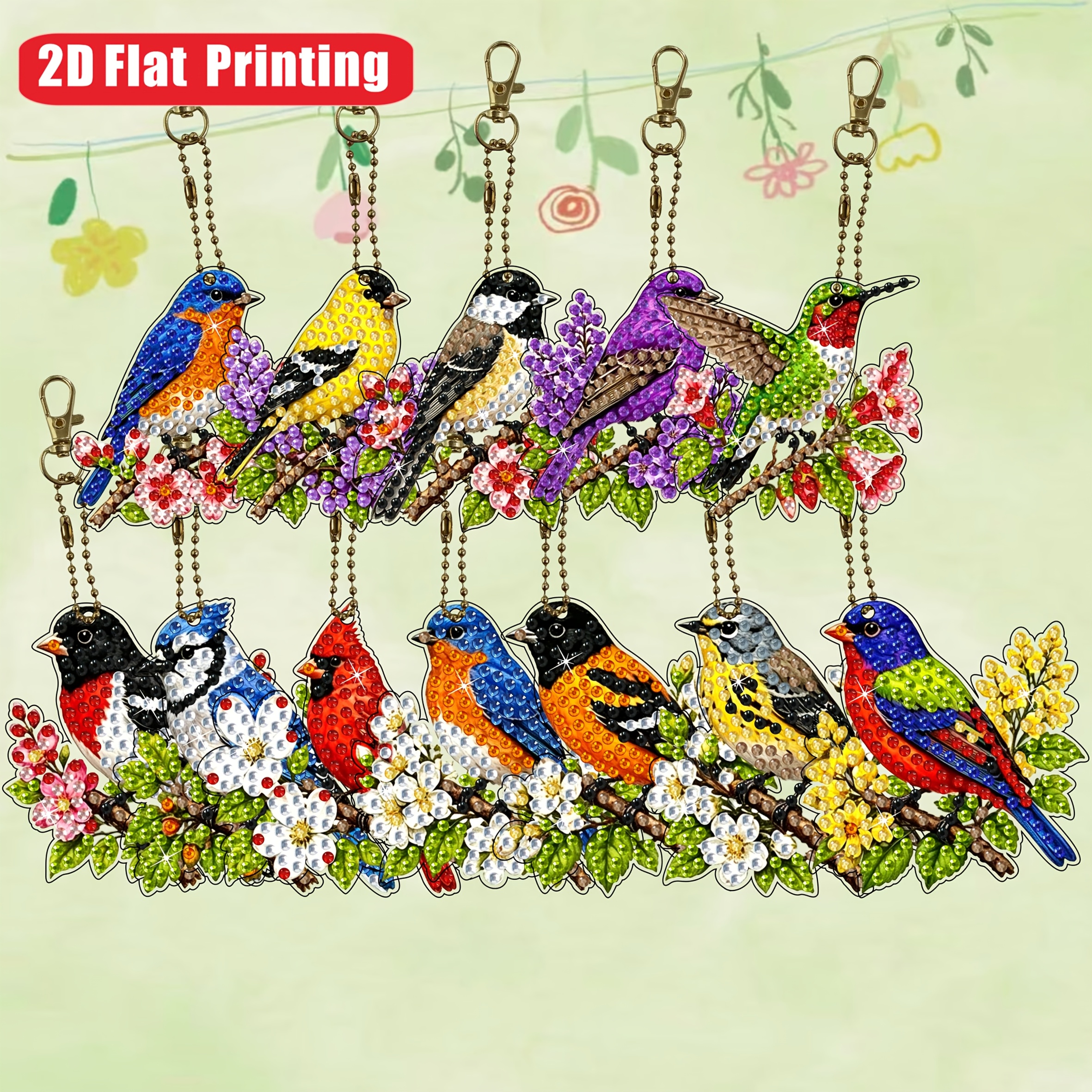TEMU 2d/flat Printing Adult Style 12pcs Double-sided Assorted Shaped Colorful Rhinestone Perched Bird Ornament Tag Themed Diy Diamond Painting