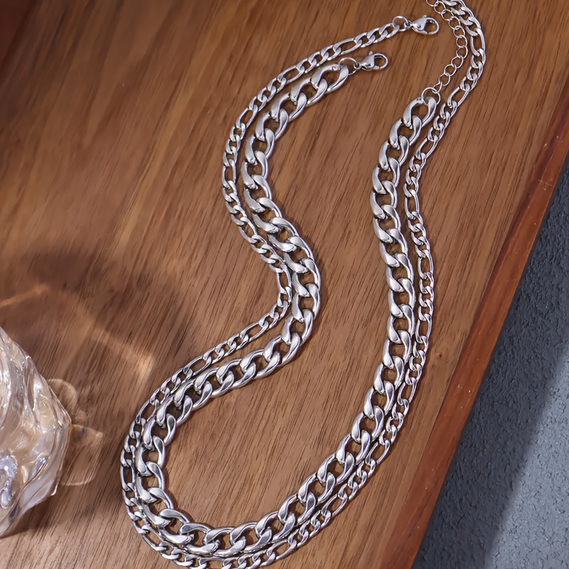 Image of 2pcs Casual Fashion Women's Fade-resistant Hip-hop Style Stainless Steel Necklace Set For Daily Wear, Worn Alone Or Layered