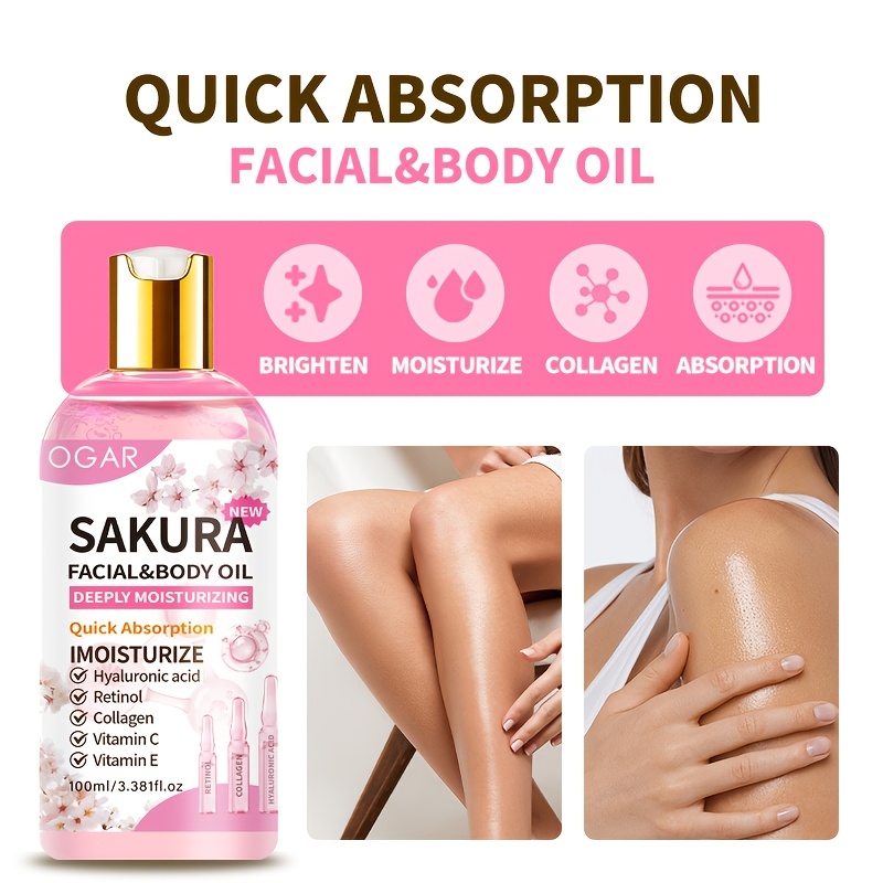Ulei Esență Multifuncțional pentru Îngrijirea Pielii Sakura, Îmbogățit cu Ulei de Sămânță de Camelia, Ulei de Sămânță de Strugure, Ulei de Cocos, Niacinamidă, Vitamine C și E, Colagen, Acid Hialuronic, Oferă Hidratare de 48 de Ore, Iluminează, Hidratează Pielea, Se Absoarbe Rapid, pentru Masaj