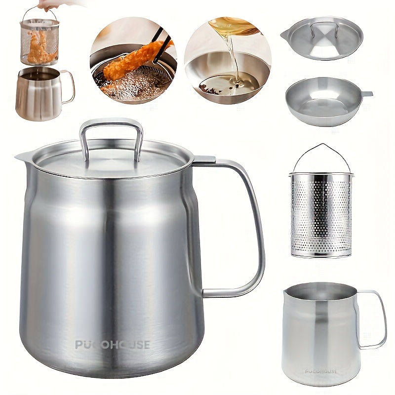 

Puohunsure Stainless Steel Oil Pot With Strainer And Frying Basket - Heavy Duty Grease Container For Kitchen, Food-safe, Ideal For Oil Storage And Filtering, Oil Bottles For Kitchen