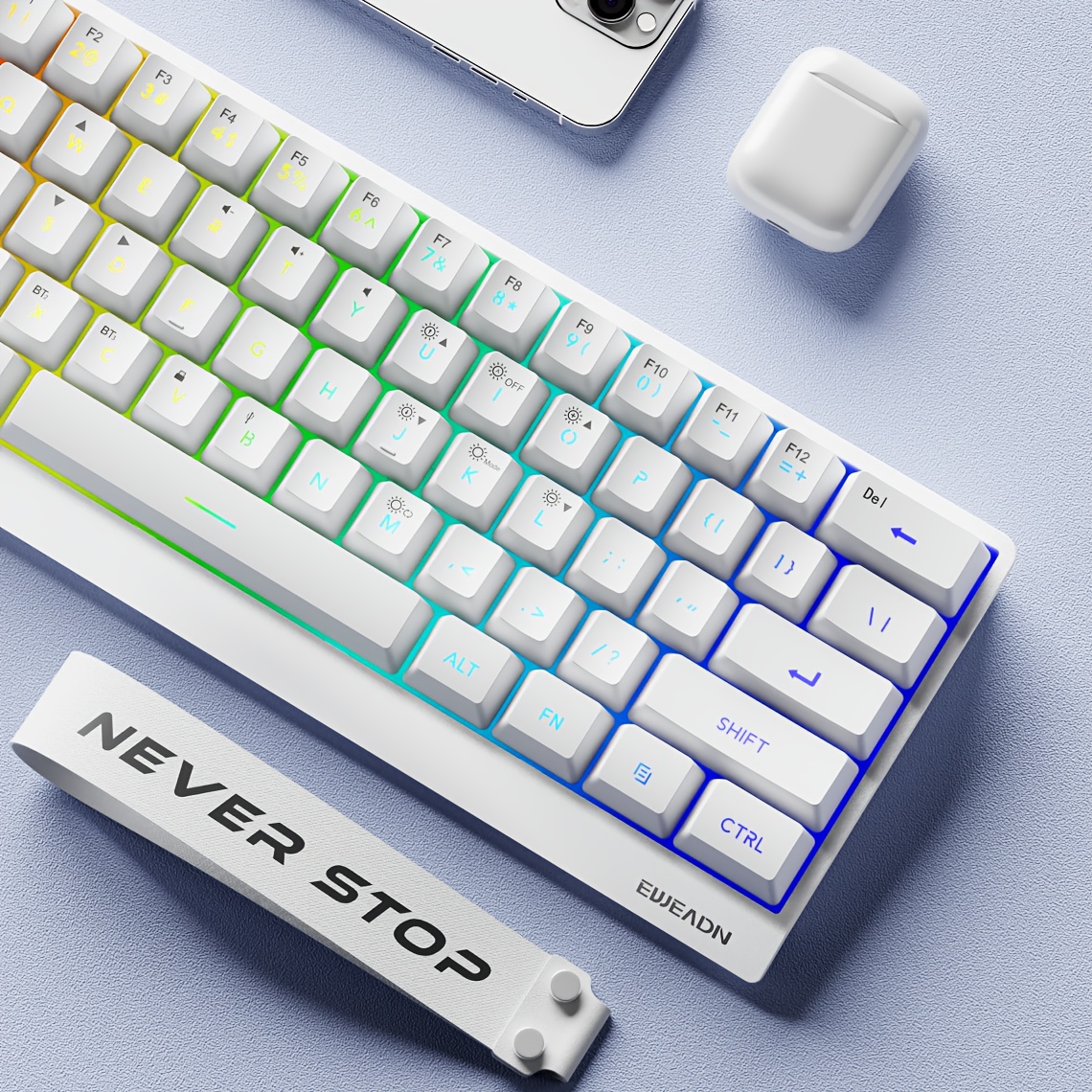   wireless rgb backlit gaming keyboard   bt 2 4g wired silent typing type c charging aesthetic design compatible with pc laptop white and black 61 key mini layout