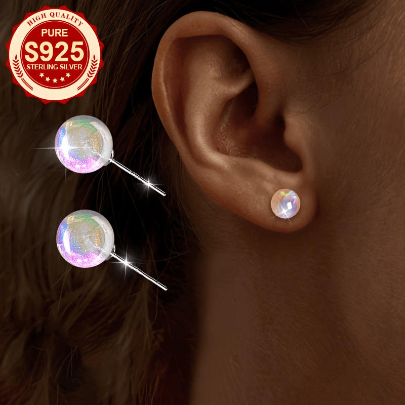 S925 Silver Iridescent Resin Spherical Stud Earrings