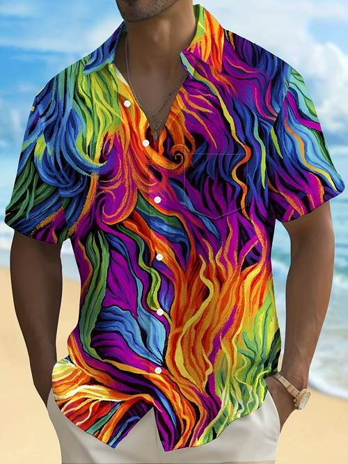 mens retro abstract art gradient up short sleeve shirt with chest pocket vibrant multicolor design polyester fabric wear plus size