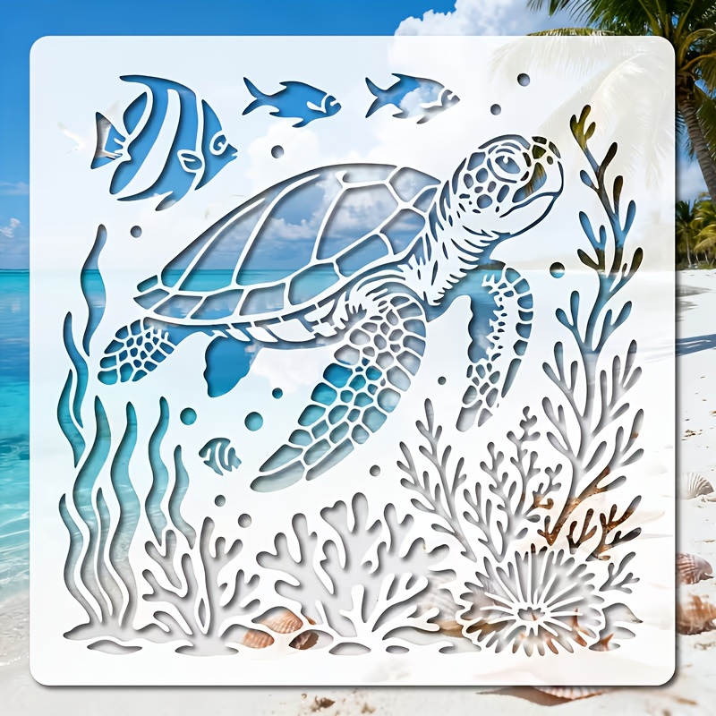 E-shop Wiederverwendbare Meerestier-Schablonen mit Fischen, Krabben, Seesternen Korallenriff-Motiven - 11,8x11,8 Zoll (30x30 cm). Geeignet für Wände,