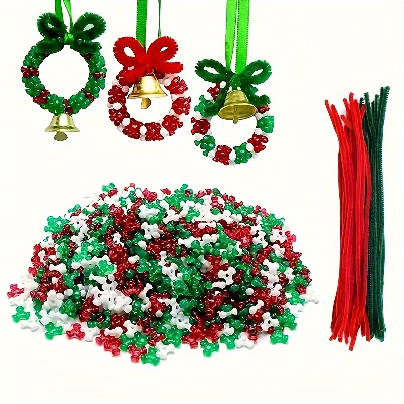 

610pcs Diy Christmas Wreath & Bell Bead Kit - Handcrafted Twist Stick Ornaments For Room Decor, Holiday Decorations