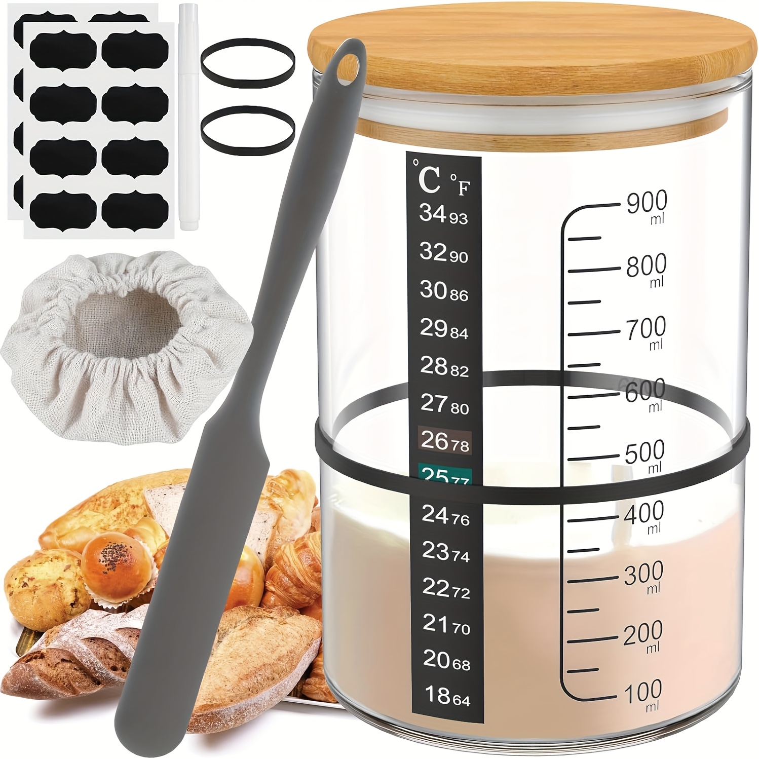 sourdough starter kit sourdough starter jar kit   paper rubber band thermometer sourdough jar scraper sourdough container cloth cover lid sourdough bread baking supplies