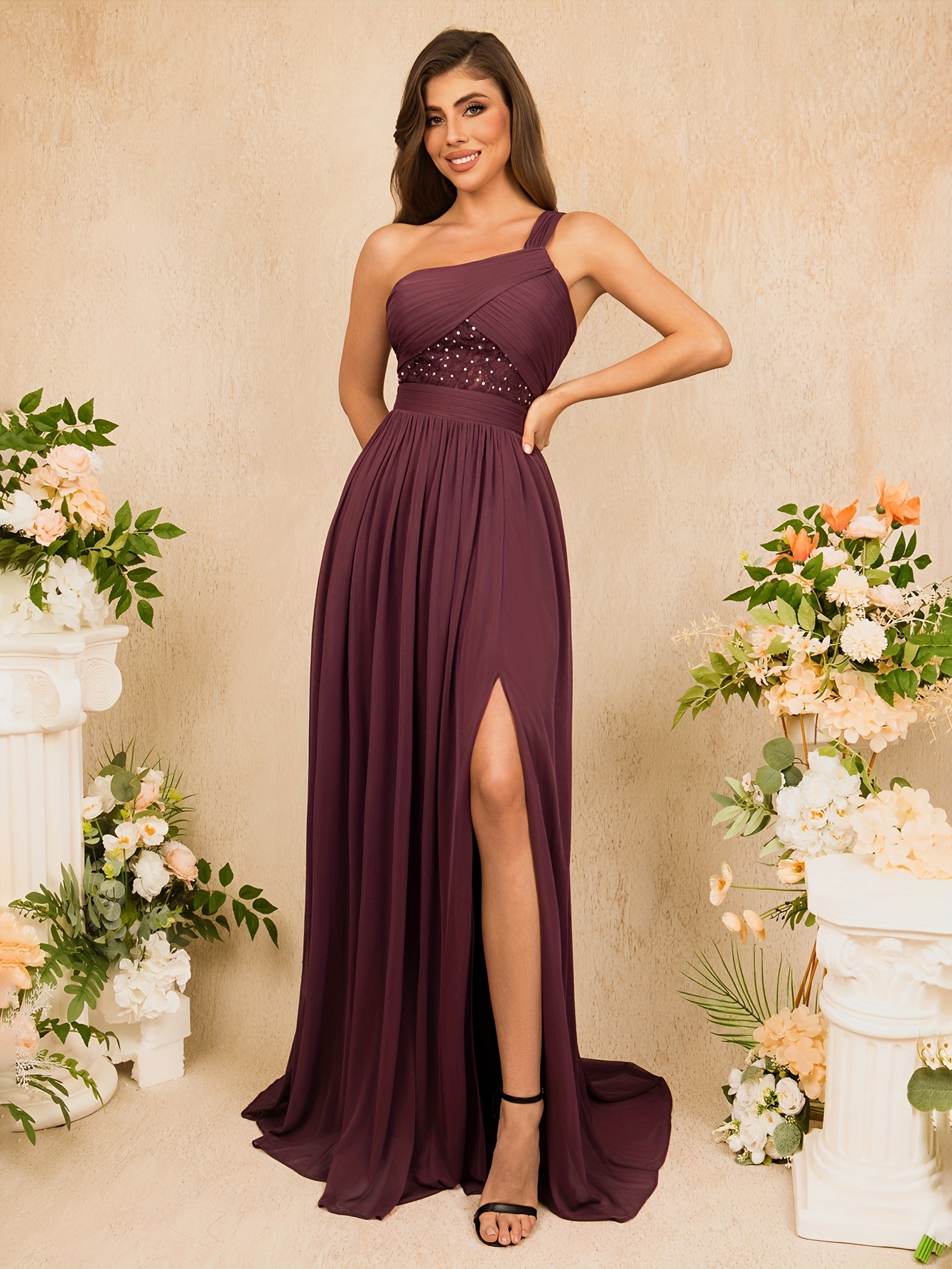 deep burgundy satin one shoulder design bridesmaid - Temu Chile