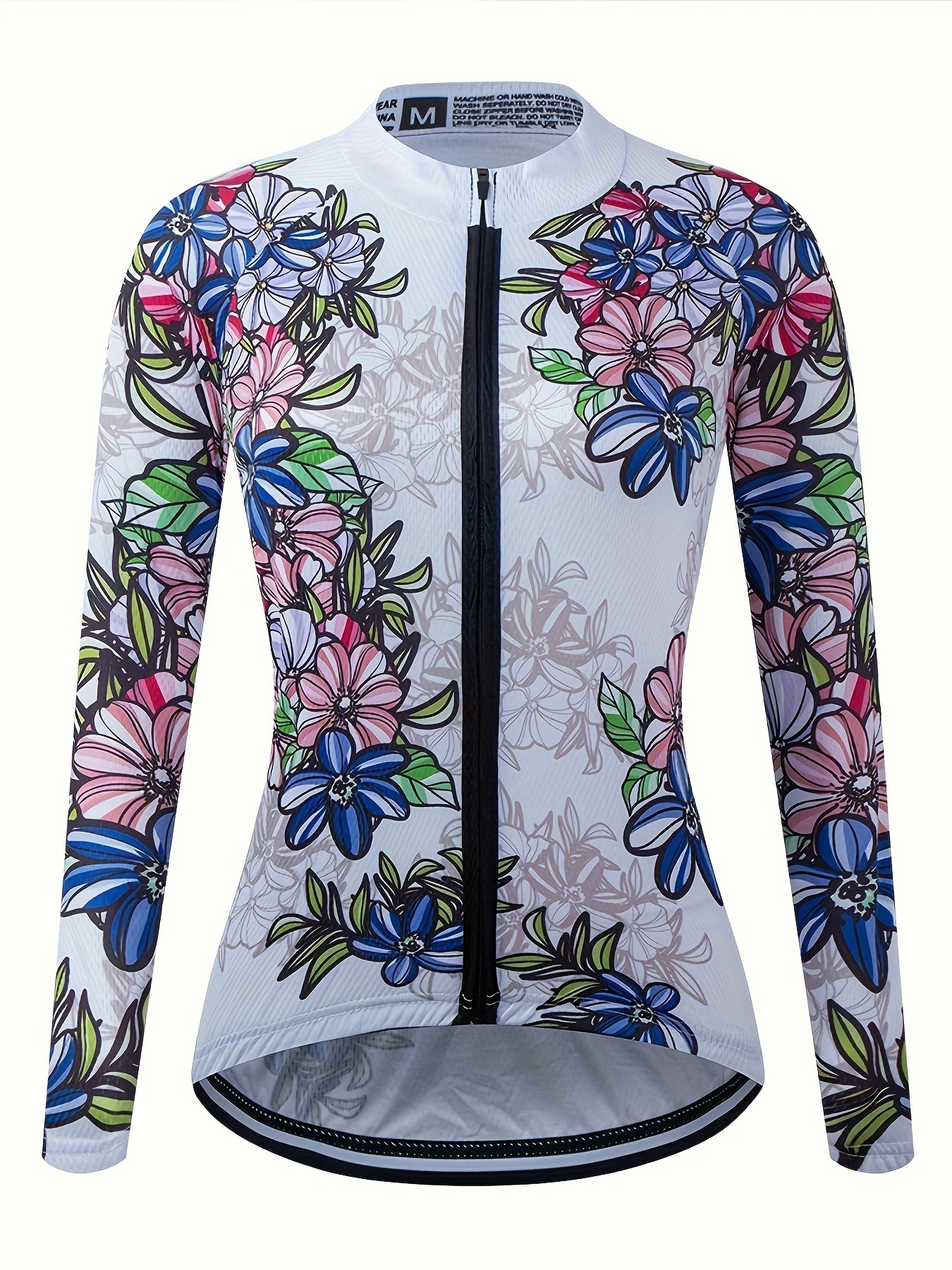 Women's Floral Print Long Sleeve Cycling Jersey, Breathable Sports Bike  Shirt, Polyester 100%, Crew Neck with Stretch, Skinny Fit Kni