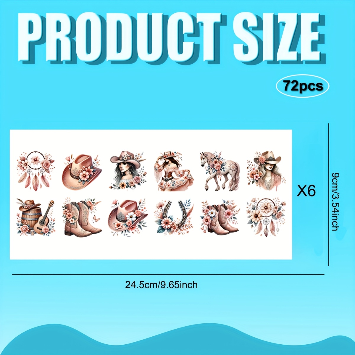 TEMU 72pcs/Set de papier de transfert pour porte-clés sur le thème du cowboy occidental - Transfert UV DTF vibrant et imperméable avec attrape- et
