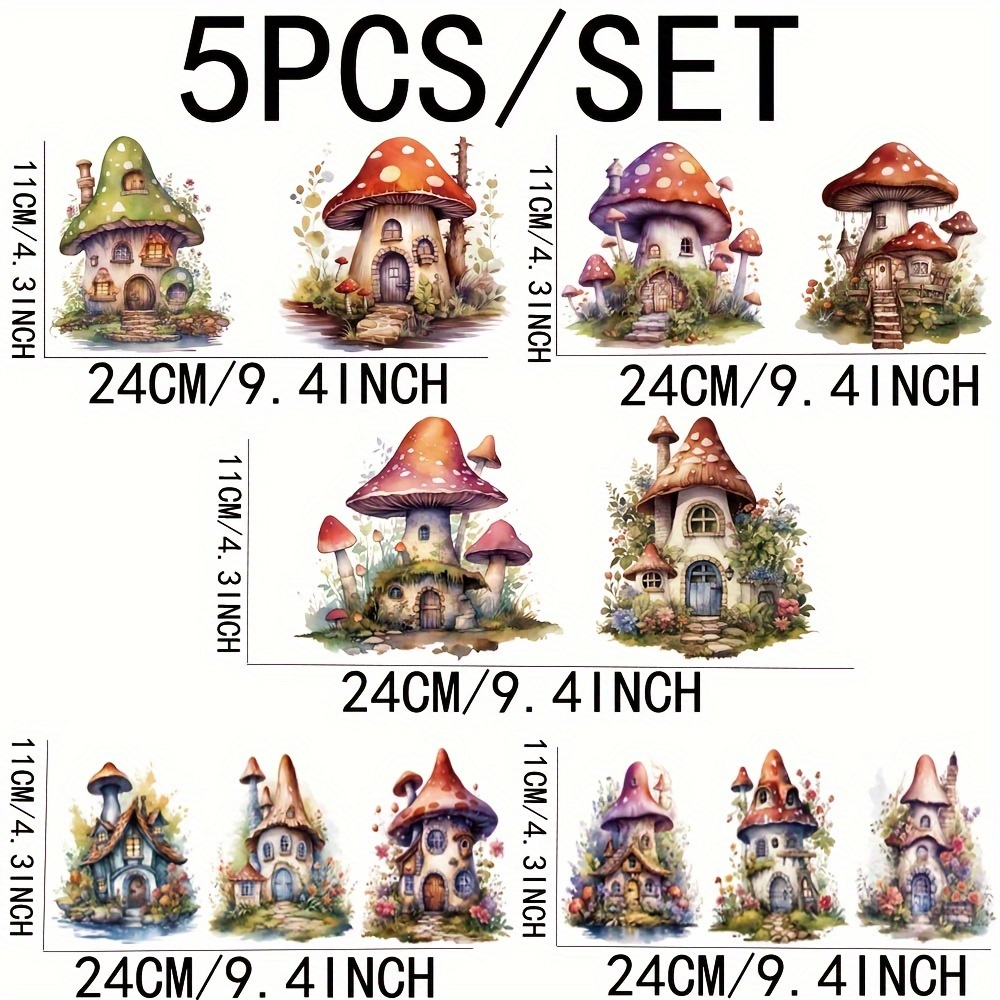 Image of Set Of 5 Colorful Mushroom Stickers For 16oz Glass Jars, Perfect For Decorating Coffee Cups With High Self- Wraps Using Uv Dtf Technology