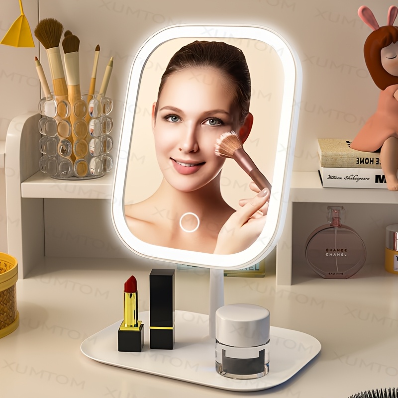 LED-smink med ljus justerbar ljusstyrka varmvit portabel vikbar touchstyrning sminkbelysning för kvinnor uppladdningsbart batteri USB-driven roterande sminkspegel för resor med förvaring för hem och salong 5