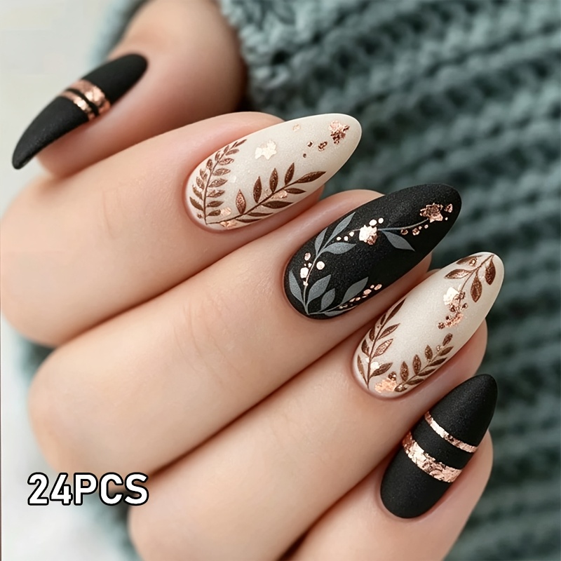 TEMU Lot de 24 faux ongles à pression pour mains et pieds - , longueur moyenne, avec feuille dorée noire mate, extensions d'embouts à feuille dorée