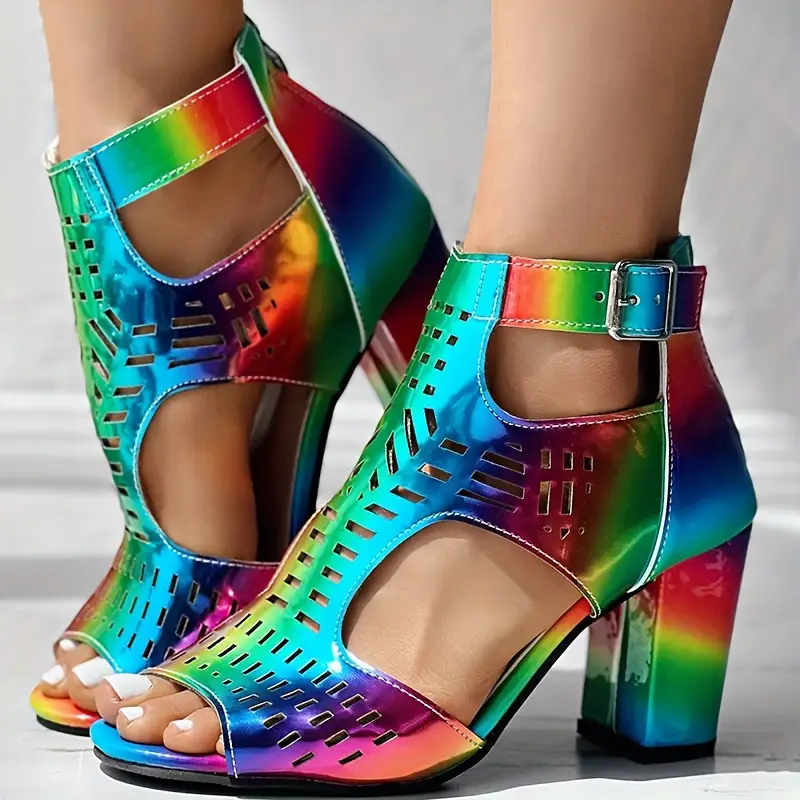 womens cut out toe chunky heels with fashion heels sandals side zipper heel party shoes details 0