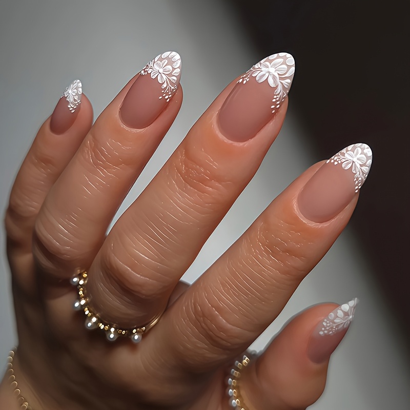 TEMU 24pcs Nude Almond -on Nails With White Lace Flower Embroidery, Elegant And Fairy-tale Inspired. Perfect For Bridal Weddings, Daily Commutes, And