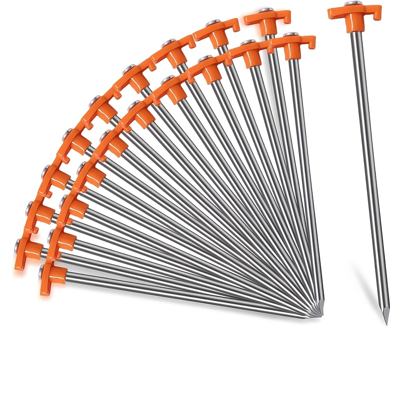 TEMU Piquets de tente robustes, 7 pouces, de 20 - Ancrages de sol en métal pour tentes de camping, auvent, bâche et ombrage. Tête orange haute