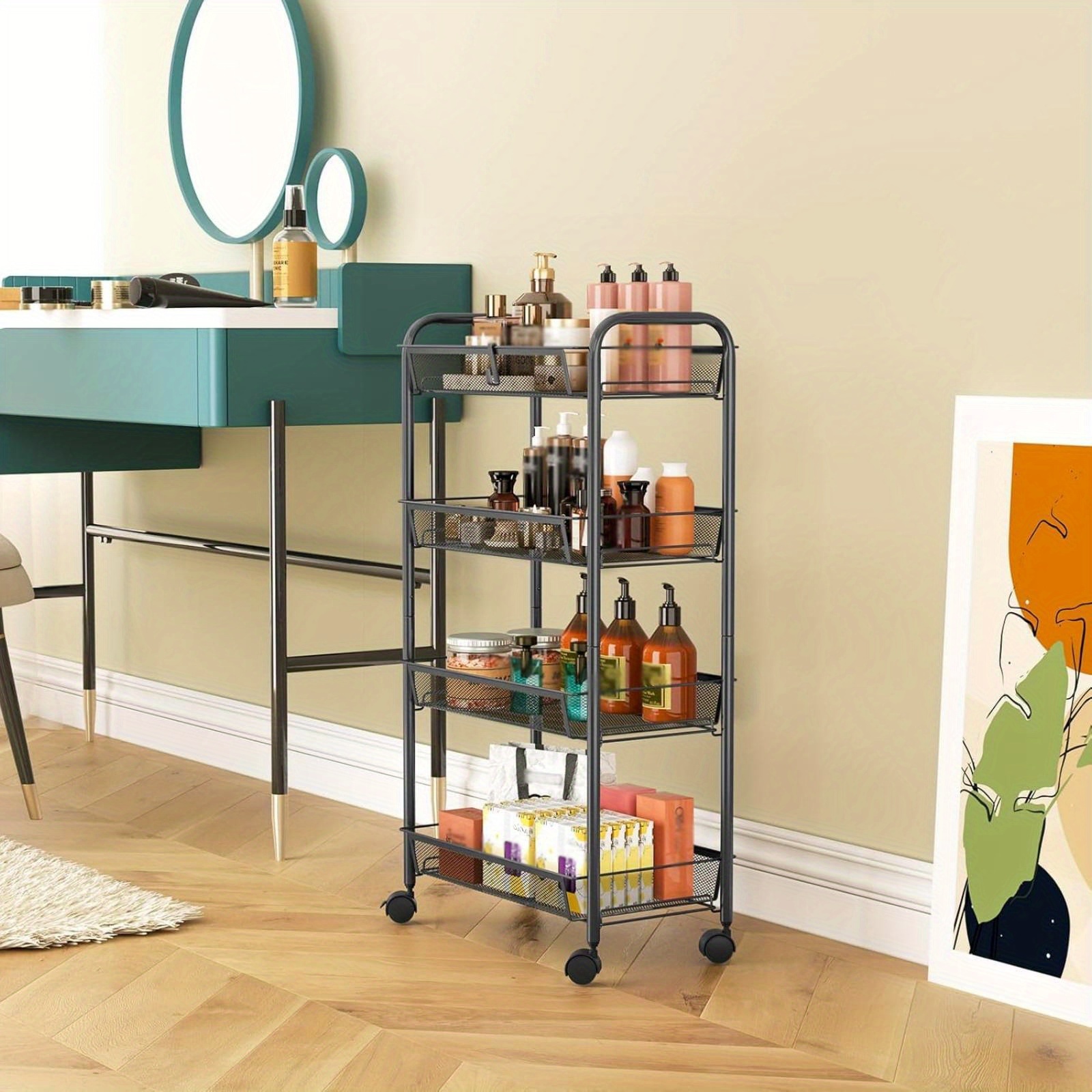 3 tier storage trolley rolling cart mesh storage cart mobile storage trolley bedroom kitchen bathroom living room storage cart metal multi functional movable snack vegetable baskets kitchen shelves