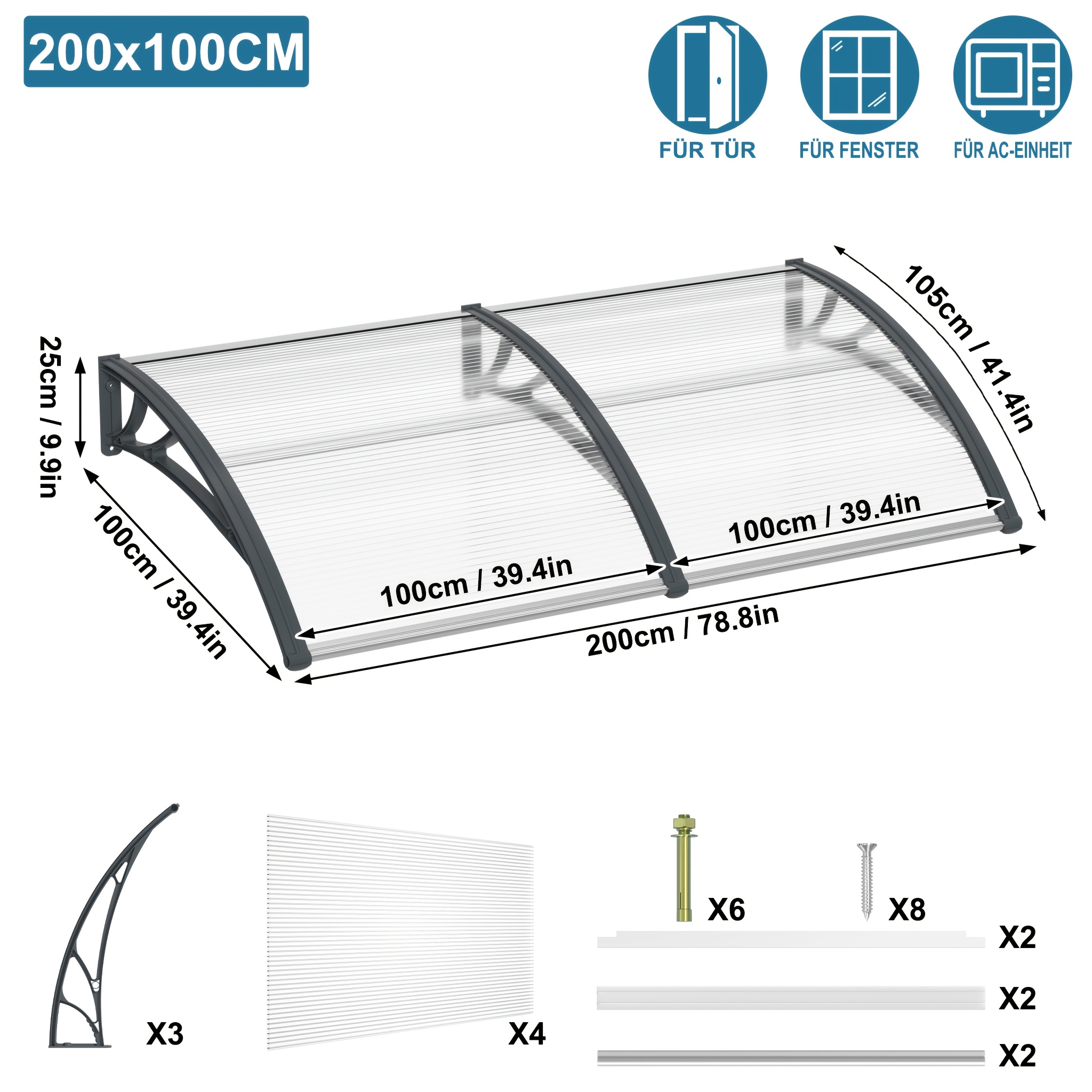 Canopy For Front Door, Canopy Pent Arch Canopypolycarbonate, Pp Bracket For Outdoors Sun Protection Rain Protection, Grey