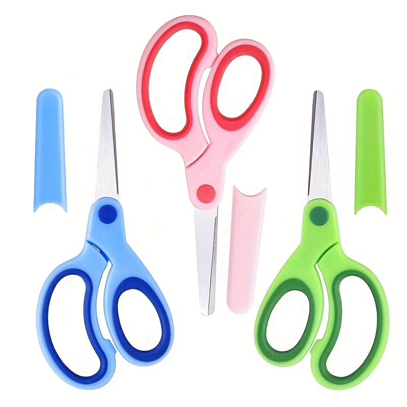 TEMU 3pcs Colorful Student Safety Scissors With Lid And - Stainless Steel Blade, Diy Handmade Round Head Safety Paper Cutting Tool, Suitable For Home