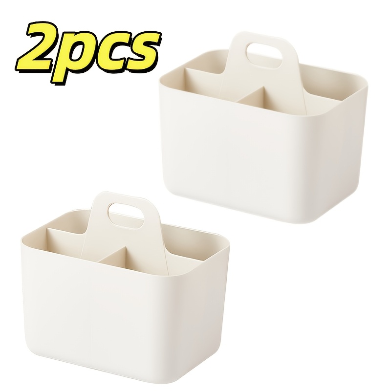 TEMU 2 paniers de rangement portables en plastique avec poignées - Organisateur de bureau léger, boîte de rangement à 3 compartiments, fournitures de